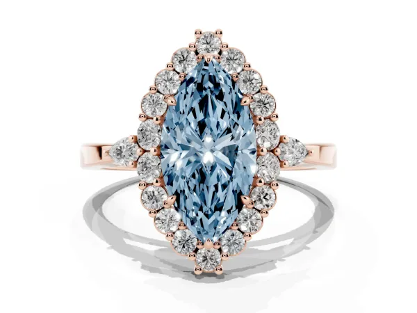 Fancy Blue Marquise Cut Diamond Halo Ring with Pear Side Stones and Prong Setting Rose gold