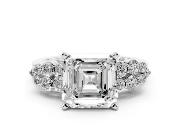 Asscher Cut Cluster Diamond Engagement Ring with Pavé Band and Four-Prong Setting Platinum