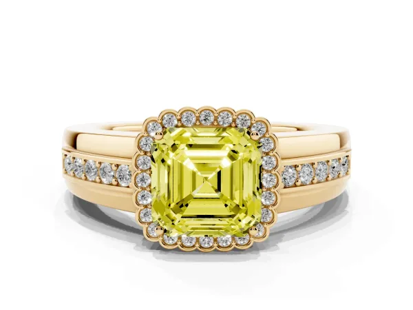Fancy Yellow Asscher Cut Cut Halo Pave Band Four-Prong Ring Yellow gold