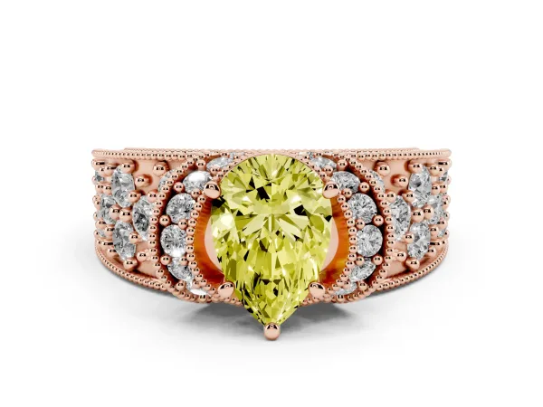 Fancy Yellow Pear Cut Halo Pave Diamond Engagement Ring with Milgrain Detailing Rose gold