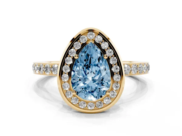 Fancy Blue Pear Cut Diamond Halo Ring with Bezel Frame and Pavé Band Yellow gold