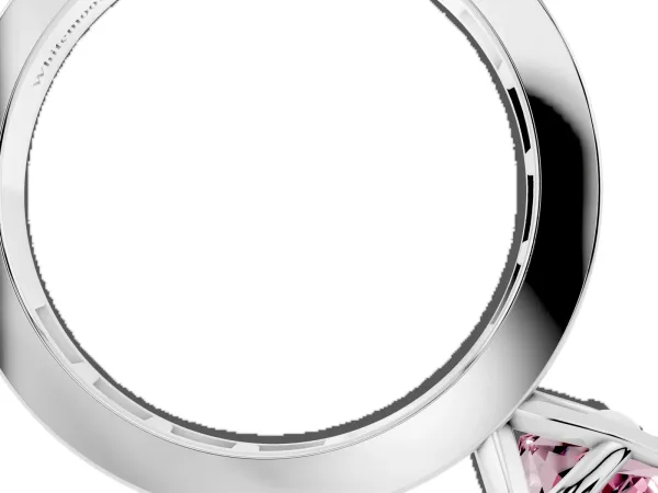 Fancy Pink Cushion Cut Solitaire Diamond Ring with Channel-Set Baguette Band and Four-Prong Setting Platinum
