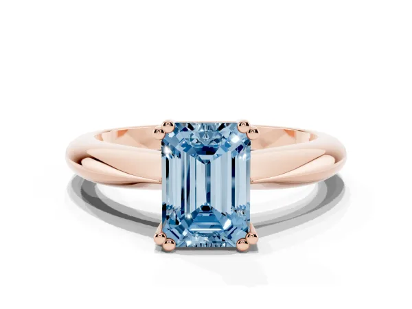 Fancy Blue Emerald Cut Cut Solitaire Engagement Ring with Tapered Band and Four-Prong Setting Rose gold