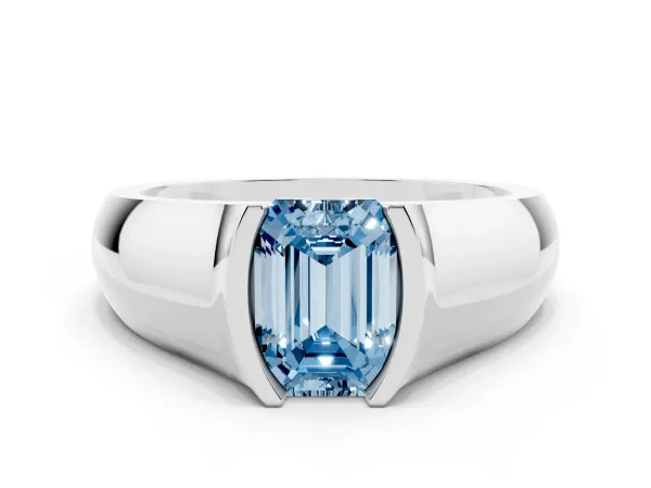 Fancy Blue Emerald Cut Solitaire Bezel Set Diamond Ring with Wide Band Platinum