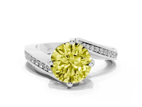 Fancy Yellow Round Cut Solitaire Diamond Twist Band with Pavé Setting and Four-Prong Setting Platinum
