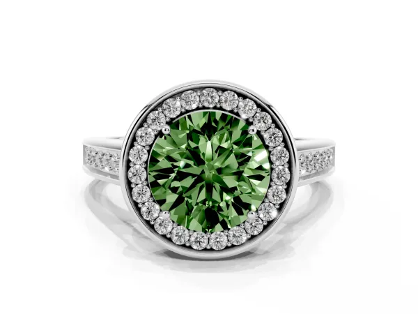 Fancy Green Round Cut Halo Solitaire Diamond Ring with Pave Band and Bezel Setting Platinum