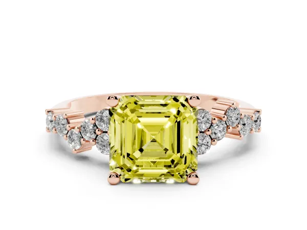 Fancy Yellow Asscher Cut Diamond Scattered Round Accent Ring with Prong Setting Rose gold