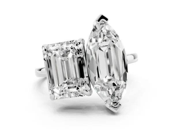 Emerald and Marquise Toi Moi Ring with Prong Setting and Plain Band Platinum