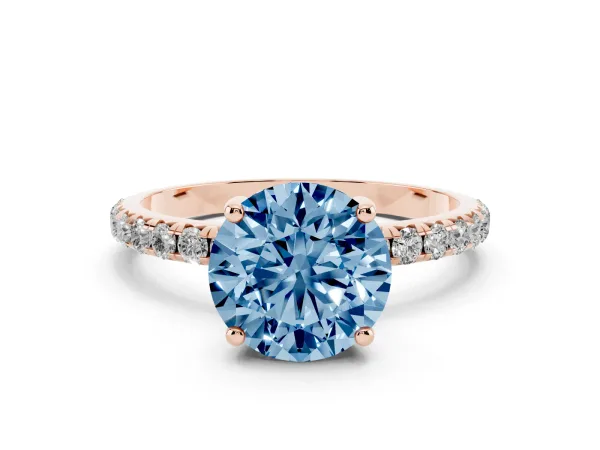 Fancy Blue Round Cut Cut Diamond Solitaire Ring with Micro Pave Band and Four Prong Setting Rose gold