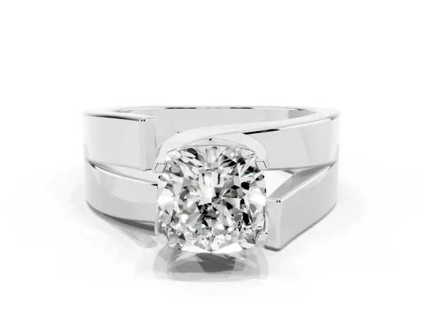 Modern Tension Set Cushion Cut Diamond Solitaire Wide Band Ring White gold