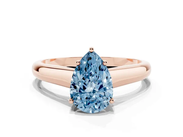Fancy Blue Pear Cut Solitaire Engagement Ring with Tapered Band and Four-Prong Setting Rose gold