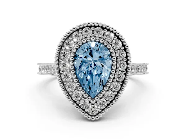 Fancy Blue Pear Cut Diamond Halo Ring with Milgrain Frame and Pavé Band Platinum