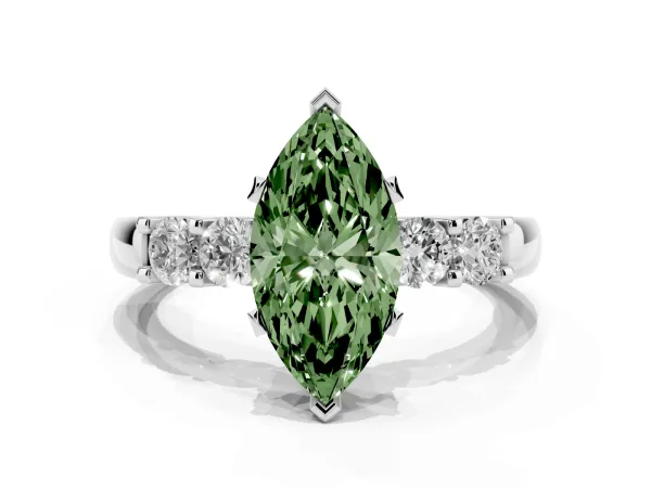 Fancy Green Marquise Cut Brilliant Cut Diamond Five-Stone Prong Set Engagement Ring with Channel Band Platinum