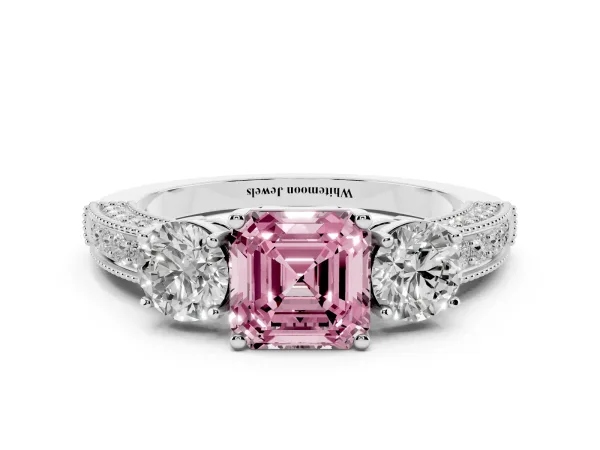 Fancy Pink Asscher Cut Three-Stone Diamond Ring with Pavé Band and Four-Prong Setting Platinum