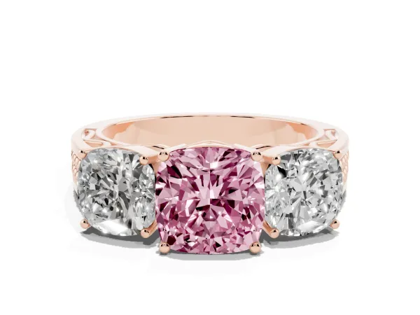 Fancy Pink Cushion Cut Diamond Three-Stone Ring with Prong Setting and Textured Band Rose gold