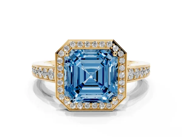 Fancy Blue Asscher Cut Halo Pavé Diamond Engagement Ring with Bezel Setting Yellow gold