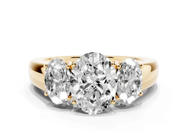 Three-Stone Oval Cut Cut Diamond Ring with Prong Setting and Classic Band Yellow gold