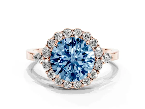 Fancy Blue Round Cut Diamond Halo Ring with Pear Side Stones and Prong Setting Rose gold