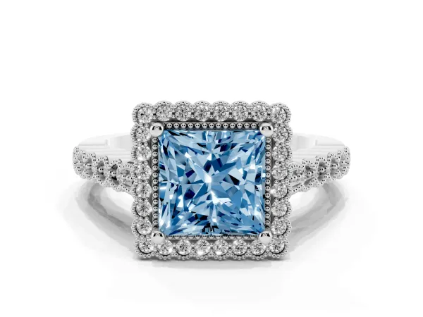 Fancy Blue Princess Cut Cut Halo Pavé Solitaire Ring with Milgrain Band Platinum