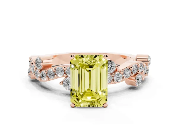 Fancy Yellow Emerald Cut Cut Solitaire Diamond Twisted Band with Pave Setting Rose gold