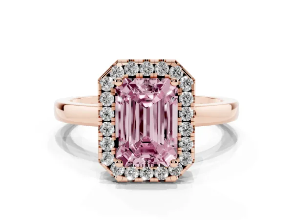 Fancy Pink Emerald Cut Halo Diamond Solitaire with Pavé Band and Four-Prong Setting Rose gold