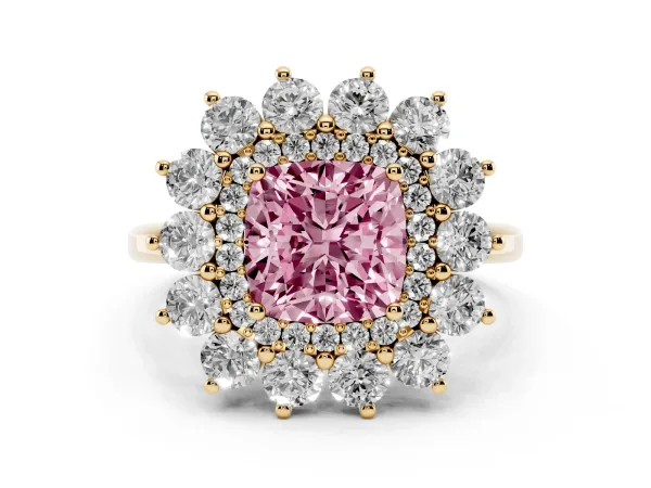 Fancy Pink Cushion Cut Diamond Floral Double Halo Engagement Ring with Prong Setting Yellow gold