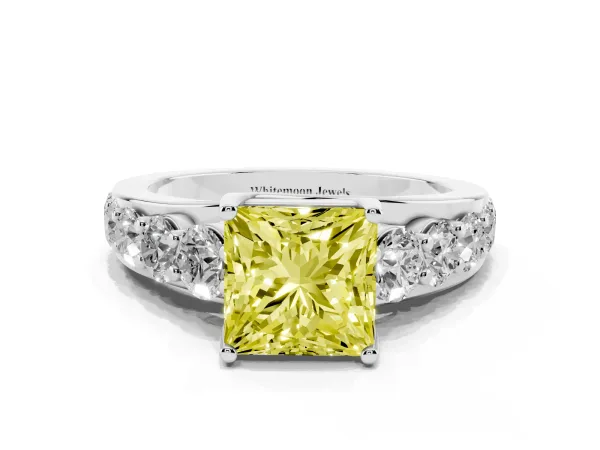 Fancy Yellow Princess Cut Diamond Engagement Ring with Pavé Band and Four-Prong Setting Platinum
