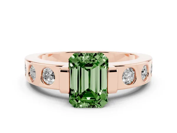 Fancy Green Emerald Cut Brilliant Channel-Set Diamond Ring with Bezel Prong Setting Rose gold