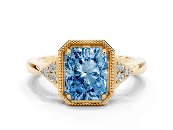 Fancy Blue Hexagonal Halo Radiant Cut Diamond Solitaire with Pavé Band and Four-Prong Setting Yellow gold