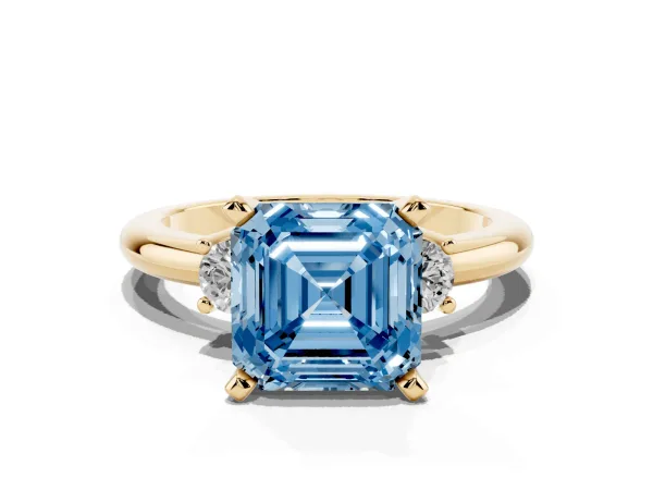 Fancy Blue Three-Stone Asscher Cut Cut Diamond Solitaire with Prong Setting and Classic Band Yellow gold