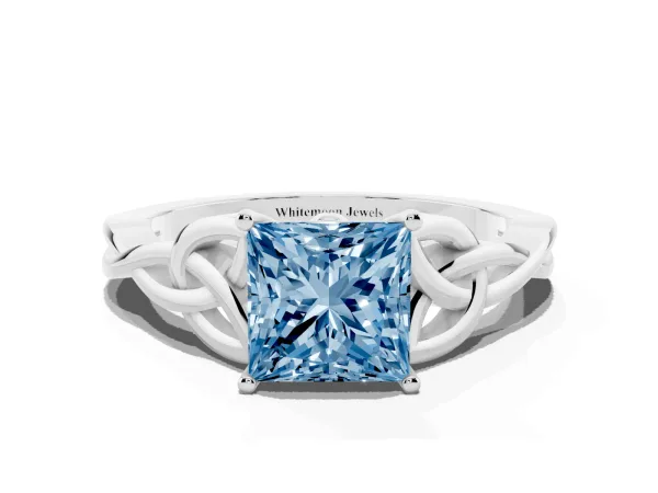 Fancy Blue Princess Cut Diamond Solitaire Engagement Ring with Celtic Knot Band and Four-Prong Setting Platinum