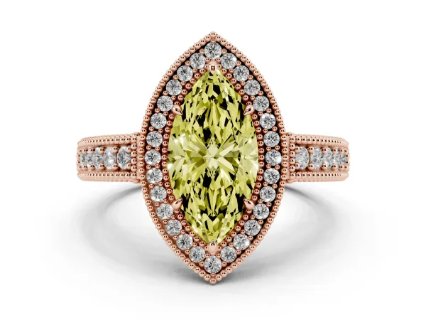 Fancy Yellow Marquise Cut Cut Halo Diamond Ring with Pavé Band and Four-Prong Setting Rose gold