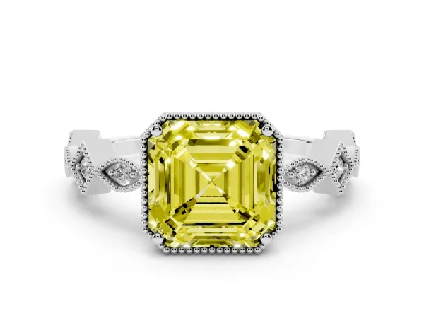 Fancy Yellow Asscher Cut Milgrain Marquise Diamond Twist Band Ring Platinum