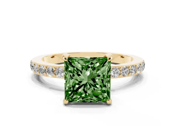 Fancy Green Princess Cut Diamond Solitaire Engagement Ring with Pavé Band and Four-Prong Setting Yellow gold