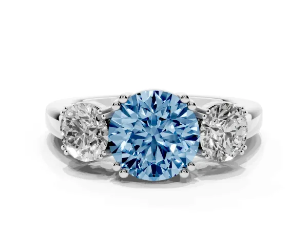 Fancy Blue Three-Stone Round Cut Cut Diamond Ring with Channel Set Band and Four-Prong Setting Platinum
