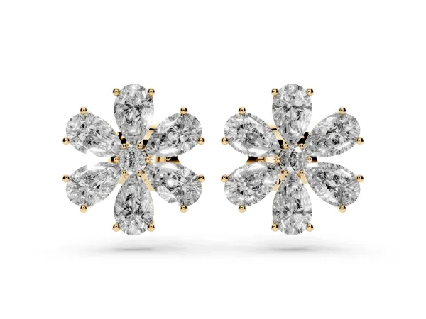 Pear Cut Diamond Floral Cluster Stud Earrings Yellow gold