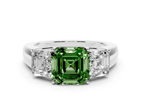 Fancy Green Three-Stone Asscher Cut Cut Diamond Ring with Prong Setting and Classic Band White gold