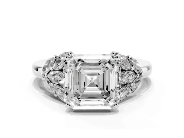 Asscher Cut Diamond Cluster Leaf Design Ring with Prong Setting Platinum