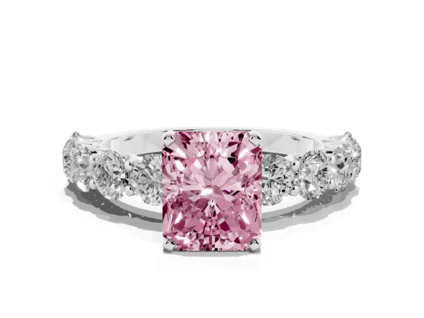 Fancy Pink Radiant Cut Diamond Prong Setting with Side Stones on a Pave Band Platinum