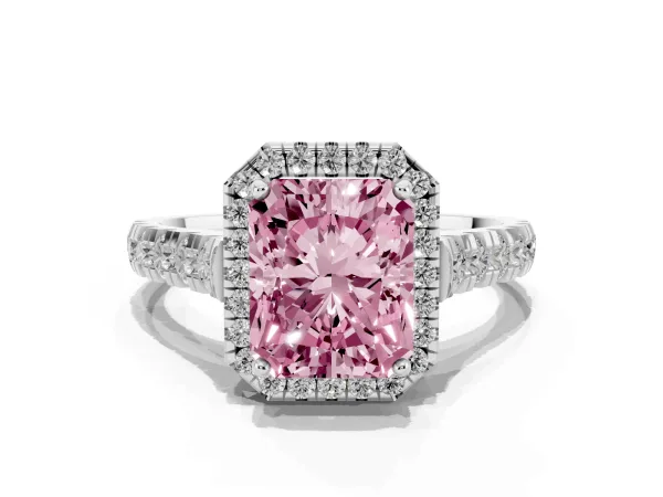 Fancy Pink Radiant Cut Halo Pavé Diamond Engagement Ring with Four-Prong Setting Platinum