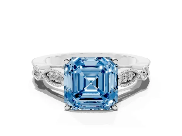 Fancy Blue Asscher Cut Cut Diamond with Milgrain Marquise and Bezel Accents on a Solitaire Band with Prong Setting White gold
