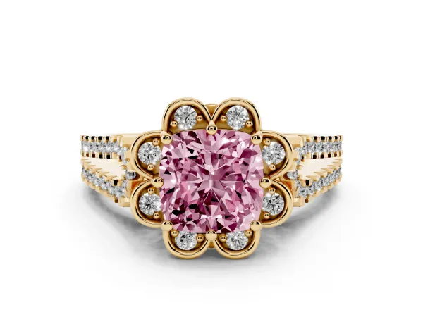 Fancy Pink Cushion Cut Halo Diamond Floral Split Shank Engagement Ring Yellow gold