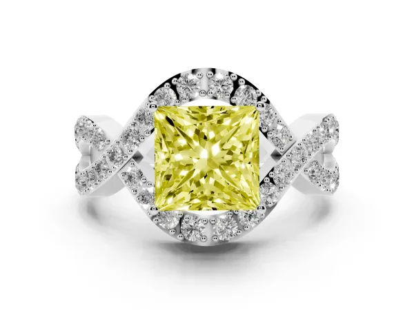 Fancy Yellow Princess Cut Solitaire Twist Band Pavé Diamond Engagement Ring Platinum