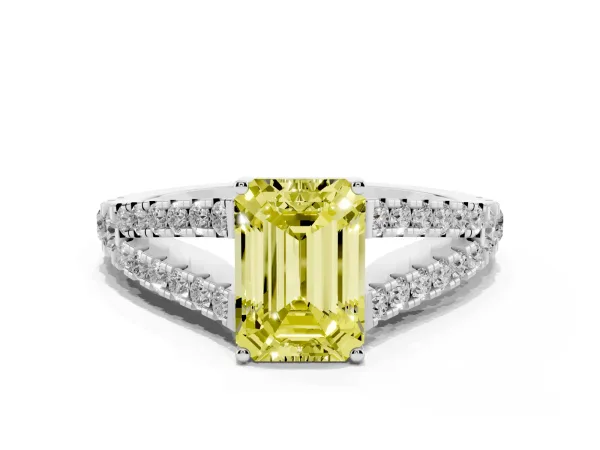 Fancy Yellow Emerald Cut Diamond Split Shank Engagement Ring with Round Pavé and Prong Setting Platinum