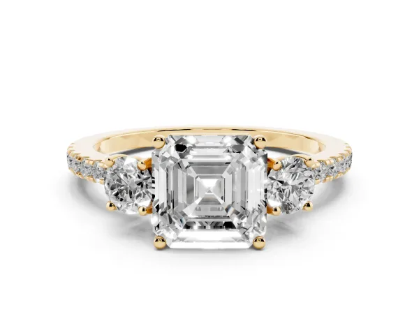 Three-Stone Asscher Cut Cut Diamond Pavé Band with Prong Setting Yellow gold