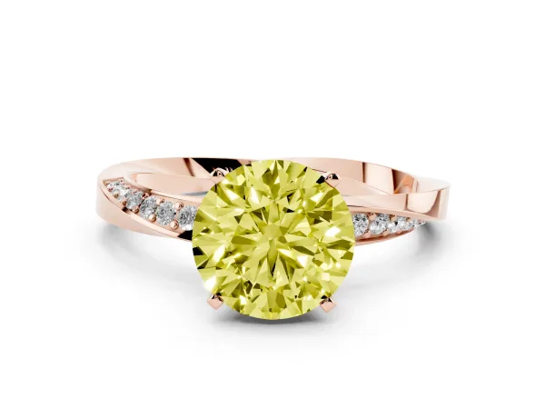 Fancy Yellow Round Cut Diamond Engagement Ring with Side Stone Accents and Four-Prong Setting Rose gold