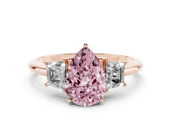 Fancy Pink Pear Cut Diamond Three-Stone Ring with Trapezoid Side Stones and Prong Setting Rose gold