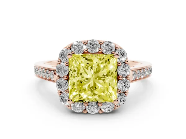 Fancy Yellow Princess Cut Diamond Floral Halo Ring with Pavé Band and Prong Setting Rose gold