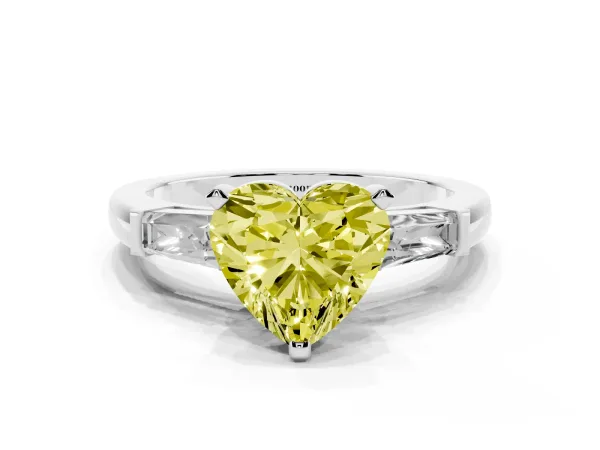 Fancy Yellow Heart Cut Solitaire with Tapered Baguette Side Stones on a Classic Band with Four-Prong Setting Platinum