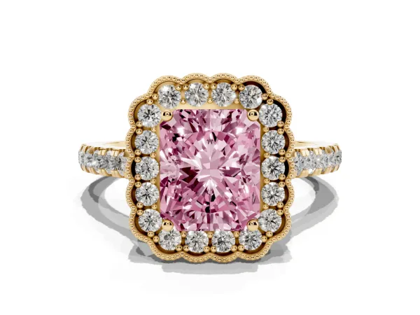 Fancy Pink Radiant Cut Cut Diamond Milgrain Floral Halo Engagement Ring with Pavé Band Yellow gold